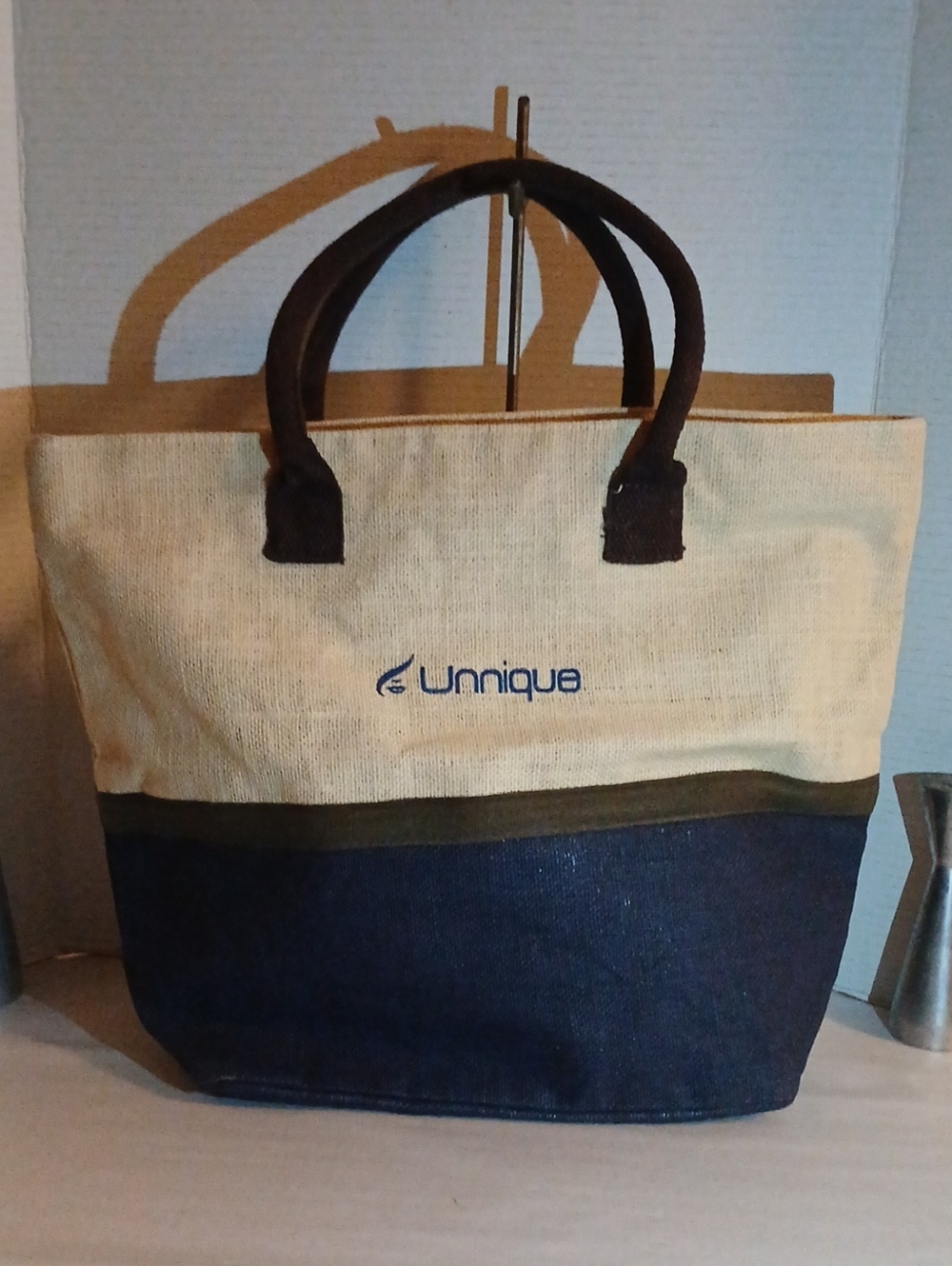 Unnique By Leg Nique Canvas Tote in Beige, Navy and Brown Trim
